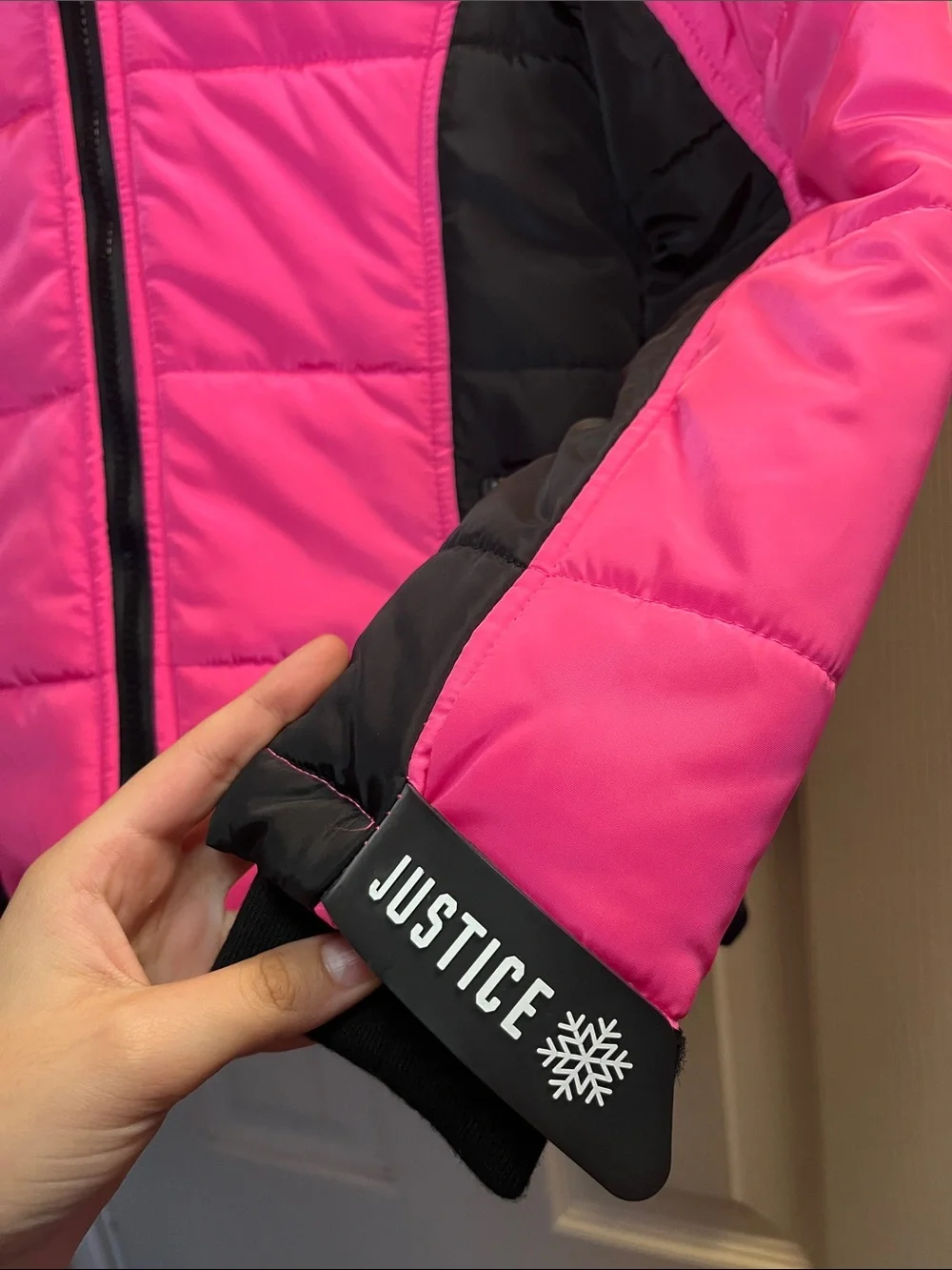 Justice Hot Pink and Black Girls' Puffer Jacket with Removable Faux Fur Trim